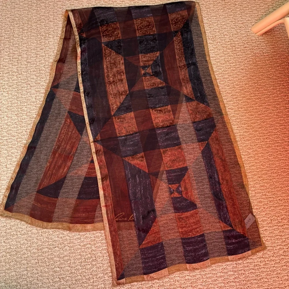Anne Klein Black Brown Tan Oblong Skinny Silk Scarf - Picture 7 of 10